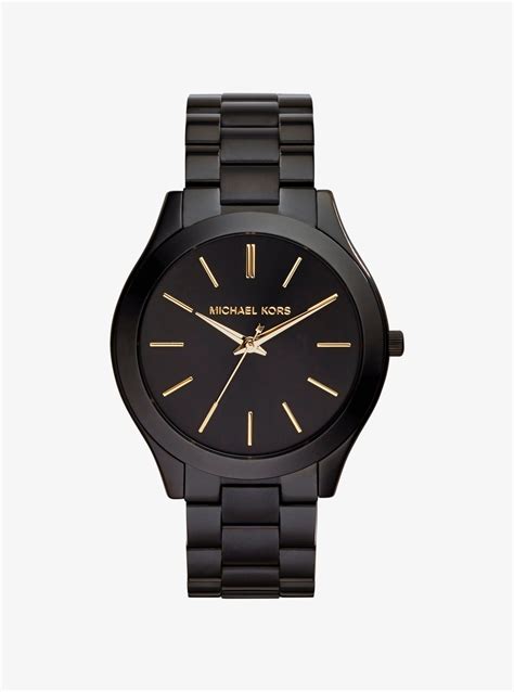 michael kors slim runway black stainless steel watch $195.00|Michael Kors matte black watch.